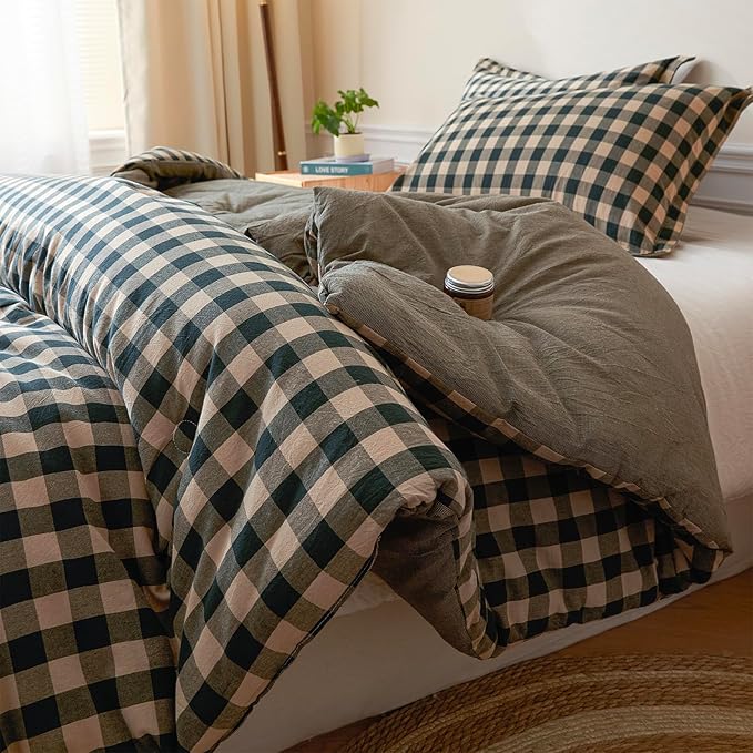 Cyusri Cotton Plaid King Comforter Set - Soft Lightweight Bedding 3 Pieces Dyed Bed Set with 2 Pillow Shams,Reversible All Season Farmhouse Down Alternative(King Size 104"x90" Dark Green)