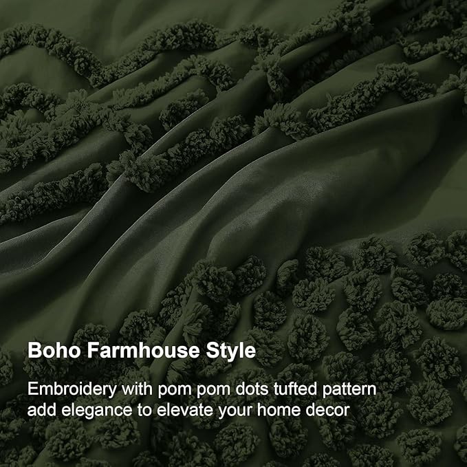 Luxudecor Olive Green Boho Tufted Comforter Set Queen Size 3 Pieces Boho Shabby Chic Comforter Farmhouse Embroidery Bedding Set Soft Comforter for All Seasons (Olive Green, 90''x90'')