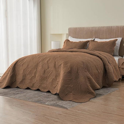 Kingnex Oversized King Bedspreads 128x120 for Extra Wide Tall King or Cal King Bed Ultrasonic Quilted Coverlet Set 3 Piece Include 1 Quilt 2 Pillowcases Coffee