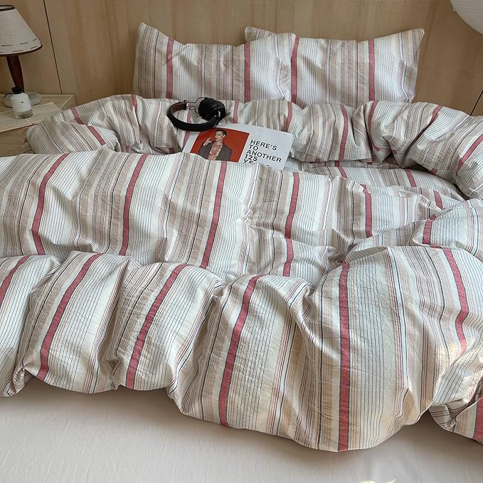 EAVD Geometric Striped Duvet Cover Queen 100% Washed Cotton Multi-Color Pinstriped Bedding Set with 2 Pillowcases Modern Farmhouse Geometric Pattern Duvet Cover with Zipper Closure