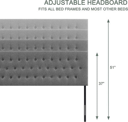 Upholstered Headboard California King, Adjustable Height 37''- 51'', Gray | Sturdy Durable Solid Wood Bed Headboard, Tufted Fabric California King Headboard, Modern Button Diamond Design Head Board