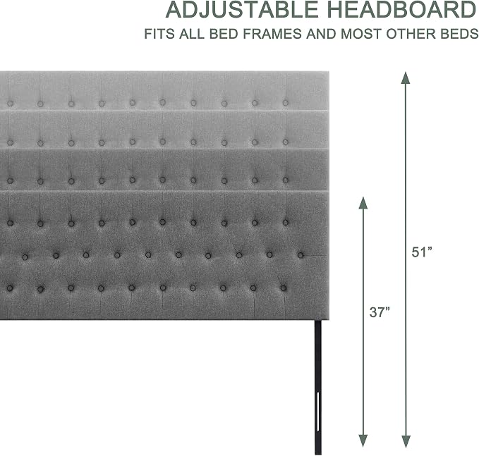 Tufted Upholstered Headboard King Size, Adjustable Height 37- 51 in, Gray | Sturdy and Durable Solid Wood Bed Headboard, Fabric King Headboard Only, Modern Button Diamond Design Head Board