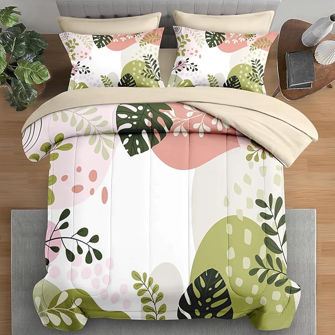 Comforter Set King Size, Tropical Leaves Flower 7 Pcs Bedding for Kids and Adults, Vintage Floral Bed Sheet Sets with Fitted Sheet 2 Pillowcase & 2 Sham for Bedroom Bed Decor