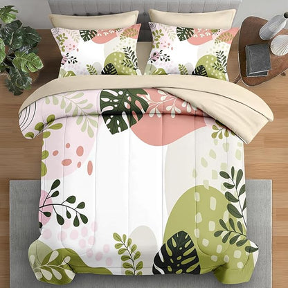 Comforter Set Full Size, Tropical Leaves 7 Pcs Bedding for Kids and Adults, Colorful Bed Sheet Sets with Fitted Sheet 2 Pillowcase & 2 Sham for Bedroom Bed Decor