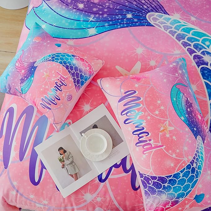 RYNGHIPY Mermaid Kids Girls Comforter Set Twin Size Pink Blue Gradient Fish Tail Bed in a Bag - Includes Comforter & Sheet Set for Teens Girls Super Soft Kids Bedding