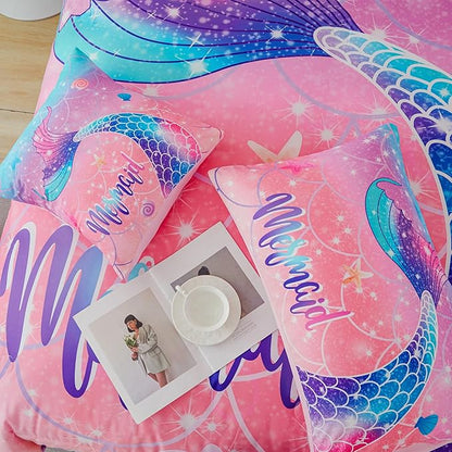 RYNGHIPY Mermaid Kids Girls Comforter Set Full Size Pink Blue Gradient Fish Tail Bed in a Bag - Includes Comforter & Sheet Set for Teens Girls Super Soft Kids Bedding