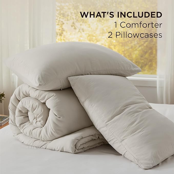 Bedsure Super King Plus Comforter Set, Beige Soft Prewashed Bedding for All Seasons, 3 Pieces GentleSoft™ Bed Set, 1 Lightweight Comforter (128"x120") and 2 Pillowcases (20"x36")