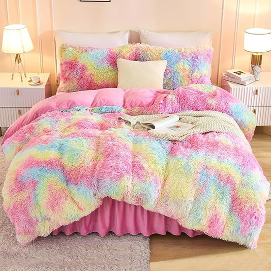 Andency Faux Fur Tie-Dyed Rainbow Comforter Set Full Size, 3 Pieces Fluffy Fuzzy Plush Bedding Comforter Set (1 Shaggy Velvet Comforter & 2 Pillowcases), Soft Puffy Down Comforter Bedding Set