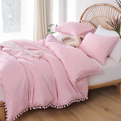YIRDDEO Dust Pink Full Size Ball Pom Fringe Design Comforter Set 3pcs, Boho Aesthetic Luxurious Microfiber Comforter Set