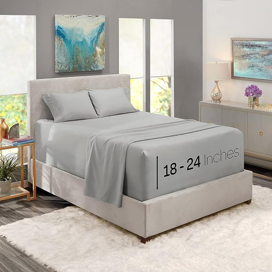 Nestl California King Size Sheet Set, 4 Piece Extra Deep Pocket (18-24 inches), Microfiber, Hotel Luxury, Soft, Breathable, Wrinkle-Free, Easy to Care, Light Grey