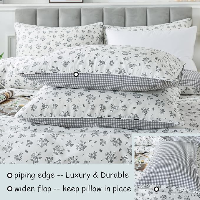 FADFAY Floral Duvet Cover Set Queen Size 100% Cotton Grey White Flower Comforter Cover Soft Breathable Girls Bed Cover Farmhouse Bedding with Hidden Zipper 3 Pcs, Queen