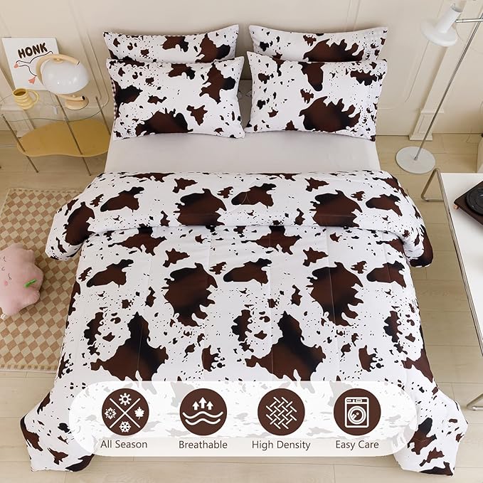 PERFEMET 3 Pieces Boys Twin Comforter Set, Brown White Cow Print Kids Bedding Set with Pillowcases, Geometric Reversible Western Style Bed Set for Teen Boy (Brown White, Twin)