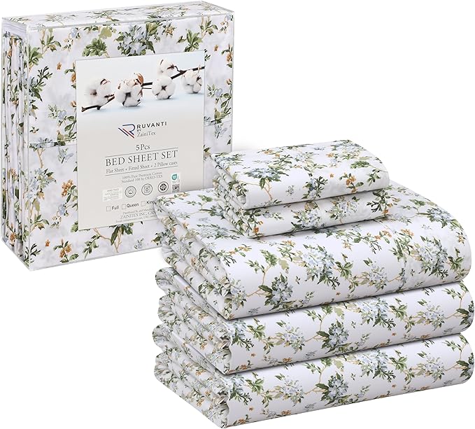 RUVANTI 100% Cotton Sheets – Split King Size Percale Bedding, Cooling & Breathable Floral Design, Durable with a Crisp, Soft & Comfortable Feel, 16" Deep Pocket, 5-Piece Set, Heritage