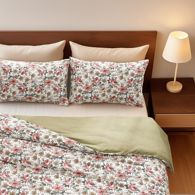 SLEEPBELLA Duvet Cover Queen, 600 Thread Count Cotton Pink & Yellow & Beige Floral Pattern Printed on White，Mustard Green Reversible Comforter Cover(Queen, Green Floral)