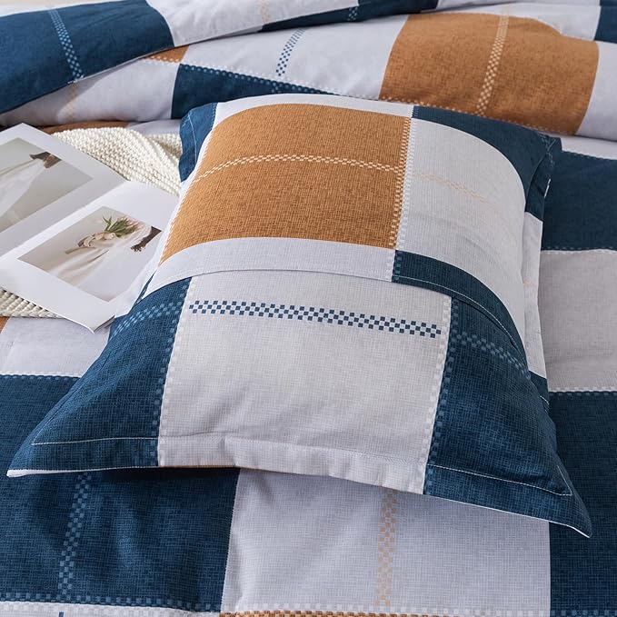 Caressma Plaid Checkered Comforter Set Navy Blue and Gray, Fluffy Brown Geometric Grid Buffalo 3 Pieces Comforter Set Queen with Two Matching Pillow Shams