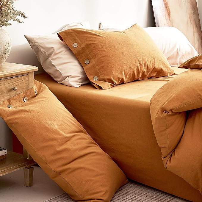 JELLYMONI 100% Washed Cotton Duvet Cover King – Soft, Breathable Linen-Look Bedding with Natural Wrinkle Texture, Button Closure, 3-Piece Set (Amber Orange, 104"x90")