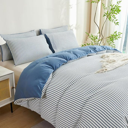 Comforter King Set Denim Blue Striped Soft Luxury Washed Microfiber Jacquard 3 Pieces Bedding, White Denim Blue Vertical Ticking Stripes Comforter with 2 Pillowcases Breathable Durable Comfy
