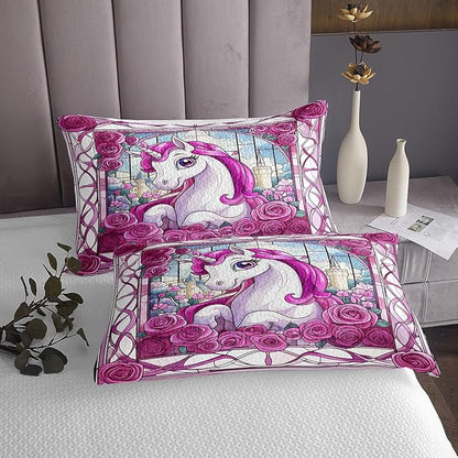 Cartoon Unicorn Kids Bedspread Twin Size,Rose Flowers Tale Castle Princess Coverlet Set,Boys Girls Room Decor,Geometric Stripe Animal Quilted Coverlet,Pink Romantic Bedding Quilt,1 Pillowcase