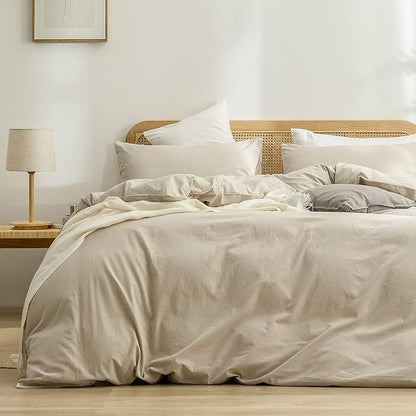 BESTOUCH Duvet Cover Set 100% Washed Cotton Linen Feel Super Soft Comfortable Chic Lightweight 2 PCs Home Bedding Set Solid Almond Milk Grey Twin/Twin XL