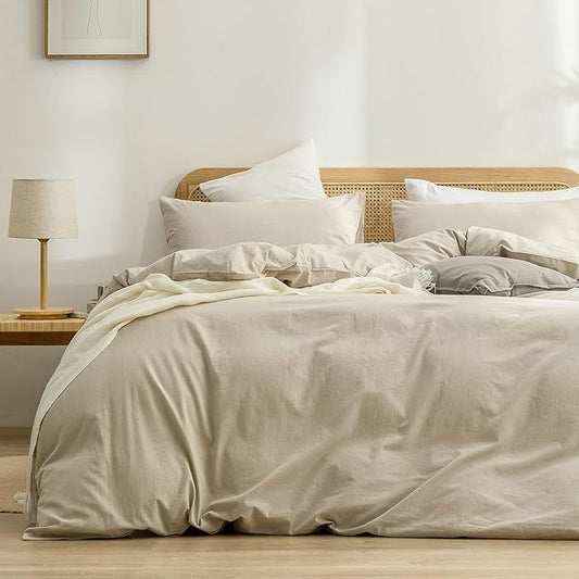 BESTOUCH Duvet Cover Set 100% Cotton Linen Feel Super Soft Comfortable Chic Lightweight 3 PCs Home Bedding Set Solid Almond Milk Grey King