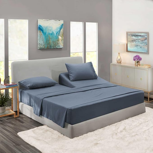 Clara Clark Flex Top King Sheets - Hotel Luxury 6 Piece Bed Sheets for Top Split King Bed - Soft Bedding Sheets & Pillowcases, Head Split King Size. Stone Blue