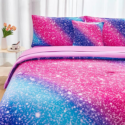 RYNGHIPY Rainbow Bed in A Bag Twin Size Girly Pink Purple Blue Gradient Galaxy Print Comforter Set with Sheets Pillowcases