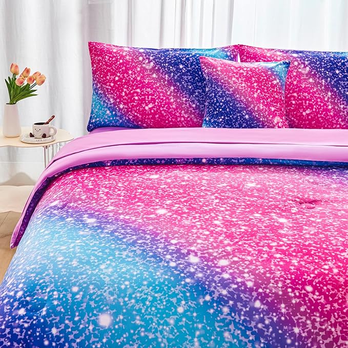 RYNGHIPY Rainbow Bed in A Bag Queen Size Girly Pink Purple Blue Gradient Galaxy Print Comforter Set with Sheets Pillowcases