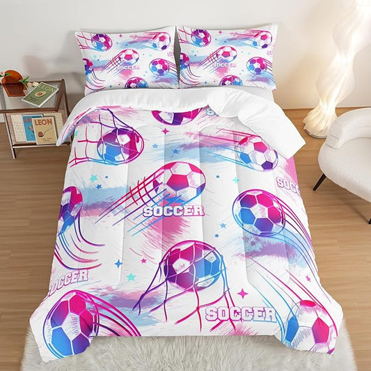 Ball Games Bedding Football King Comforter Set,Pink and Blue Soccers Stars Bedding Set for Kids Girls Boys Room Decor,Sports on The Court Aesthetic Bedding Sets with 2 Pillowcases.