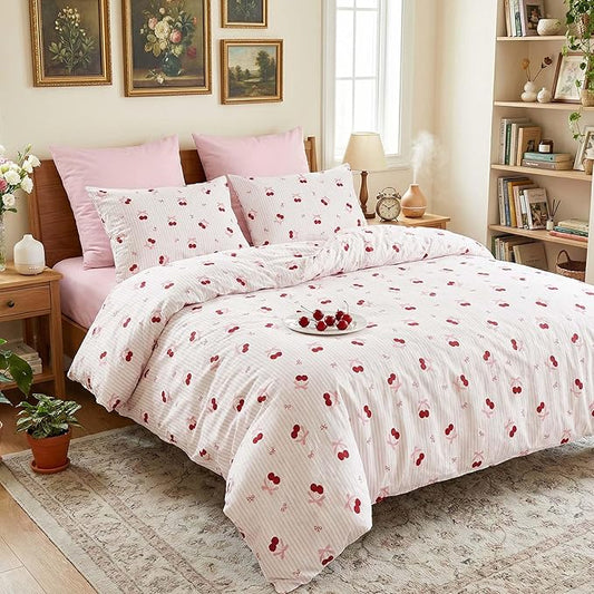 Nayoroom Pink Striped Bow Comforter Set Queen Size Red Cherry Comforter 3 Pieces Soft Lightweight Girls Cute Aesthetic Dorm Bedding Set for All Seasons