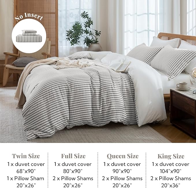 MILDLY Jacquard Stripe Duvet Cover - 100% Washed Cotton Boho Textured Comforter Cover Set 3pcs with Zipper Closure 80"x90"