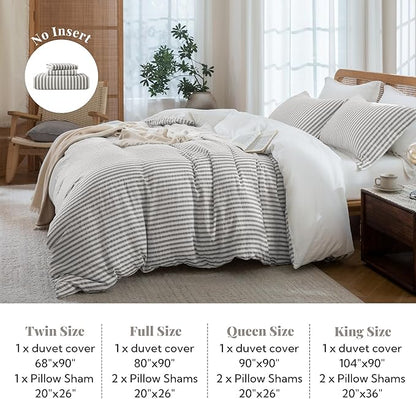 MILDLY Jacquard Stripe Duvet Cover - 100% Washed Cotton Boho Textured Comforter Cover Set 3pcs with Zipper Closure 80"x90"