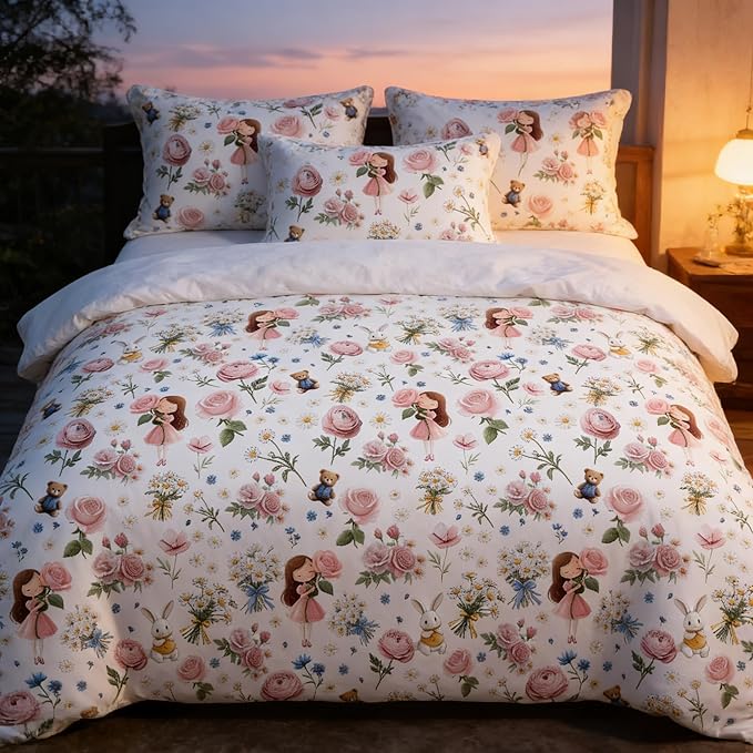 Kids Pink Floral Bed in A Bag Full for Girls, 5Pcs Pink Priness Bedding for Kids Kawaii Bedroom Decor, Cute Girly Rabbit Bear Comforter Set with 2 Pillowcases, 79"x90"