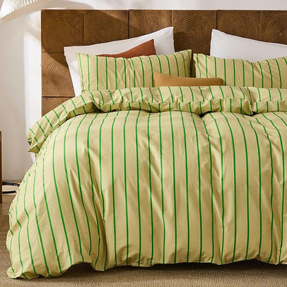 Merryword Striped Duvet Cover Set King Size - 100% Cotton Duvet Cover Set, Khaki & Green Stripes Pattern Comforter Cover 3 Pieces, Soft Linen Like Bedding Set for All Seasons