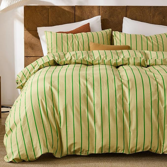 Merryword Striped Duvet Cover Set King Size - 100% Cotton Duvet Cover Set, Khaki & Green Stripes Pattern Comforter Cover 3 Pieces, Soft Linen Like Bedding Set for All Seasons