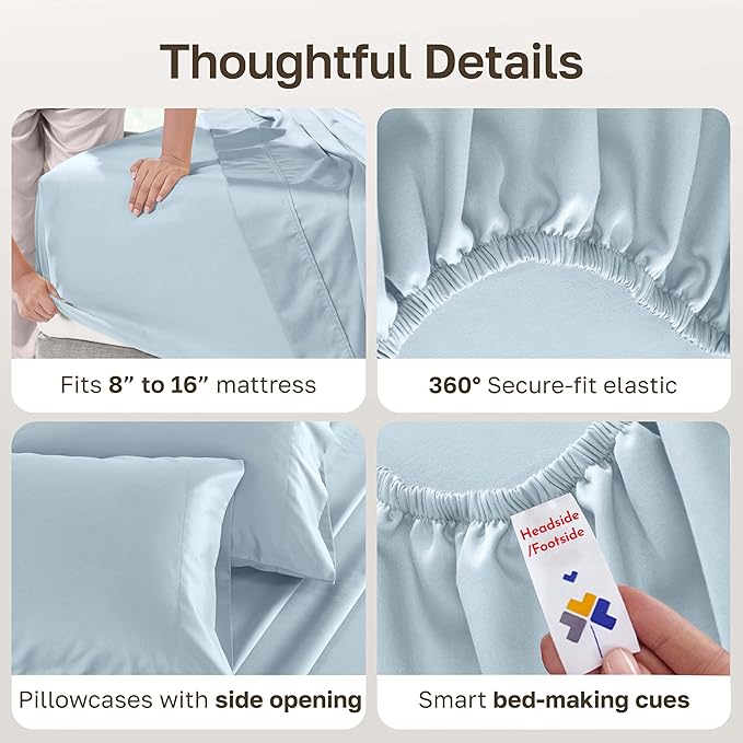 CALIFORNIA DESIGN DEN Full Cotton Sateen Sheet Set - 500 Thread Count Light Blue Sheets, Pure Cotton 4 Piece Luxury Bedding, wrinkleless Comfortable Sheets, Deep Pocket Fits Mattress 16 Inches