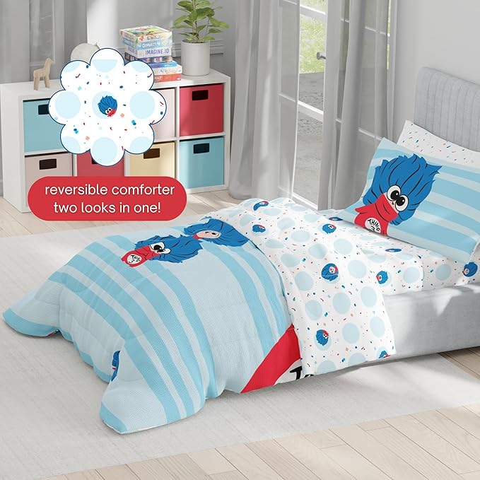 Dr Seuss The Cat in The Hat Movie Set, Full Size 5 Piece Kids Super Soft Cozy Reversible Comforter and Sheet Set, Thing 1, Thing 2, Thing 3 (Officially Licensed Product) By Franco | Durable, Reversible, Officially Licensed
