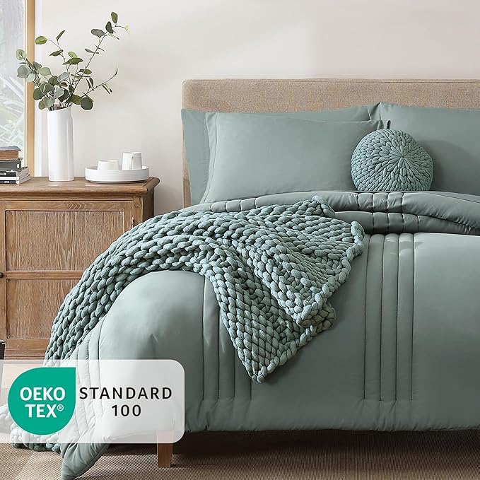 Monbix Super King Size Comforter Set - 7 Pieces Sage Green Bed in a Bag Super King Bedding Sets with Comforters, All Seasons Comforter Bed Set with Sheets,Pillowcases & Shams