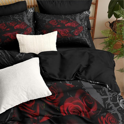 Gothic Black Rose Bedding Set Full Size, Red Sexy Lip Comforter Set for Girls Women, 3 Pieces Soft Fluffy Microfiber with 2 Pillowcases, 79"x90"