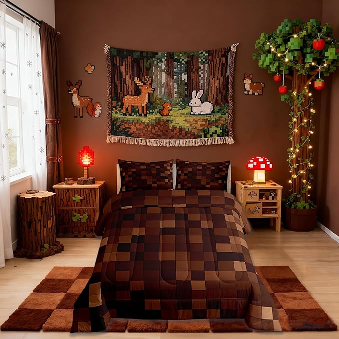 Miners Pixel Checked Kids Comforter Set Full Size,Video Games Check Lattice Bedding Set,Girls Boys Room Decor,Game Cartoon Gamepad Quilt Comforter,Dark Brown Duvet Set Bedroom Quilt Set,2 Pillowcases