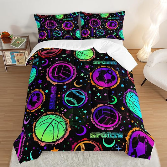 Ball Games Bedding Basketball Football Baseball King Comforter Set,Colorful Neon Stars and Moon Bedding Set for Kids Girls Boys Room Decor,Sports Aesthetic Bedding Sets with 2 Pillowcases.