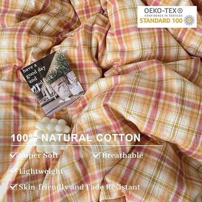 EAVD Vintage Style Gingham Duvet Cover Twin Soft 100% Washed Cotton Bedding Set with Colorful Grid Checkered Reversible Plaid Bedding Set for Boy Girl Modern Grid Plaid Duvet Cover with Zipper
