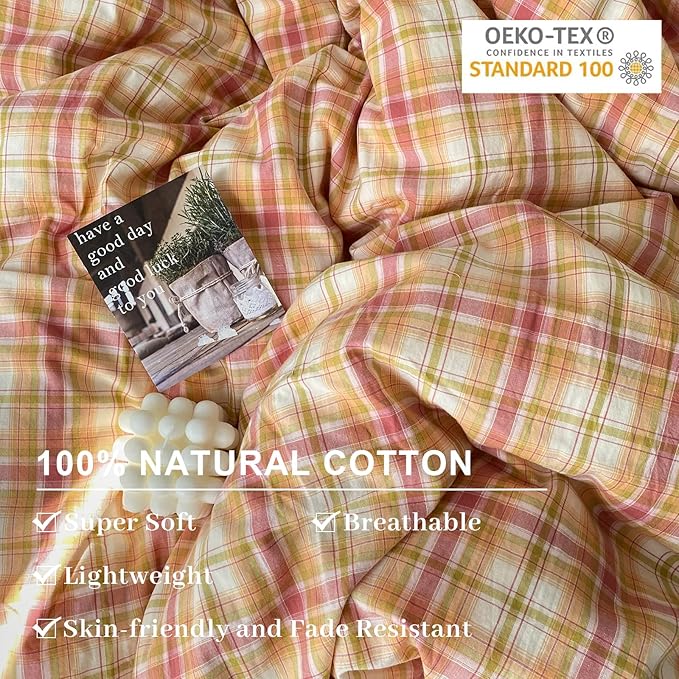 EAVD Vintage Style Gingham Duvet Cover King Soft 100% Washed Cotton Bedding Set with Colorful Grid Checkered Reversible Plaid Bedding Set for Men Women Modern Grid Plaid Duvet Cover with Zipper