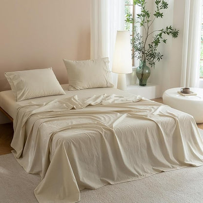 JIYUAN Twin Size Sheet Set, 3-Piece - 100% Washed Cotton, Linen-Like Soft & Breathable, Includes Deep Pocket Fitted & Flat Sheet with 1 Pillowcases, Hotel Quality, Heathered Beige