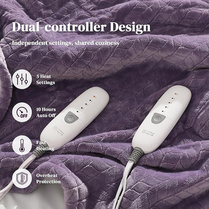 Heated Blanket King Size 90"x100" Electric Blanket King with Dual Control 5 Heat Settings, 10H Auto Off, FCC/ETL Certified, Wheat Pattern Flannel, Grandma, Machine Washable, Lavender