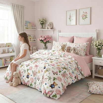 Pink Twin Bed in A Bag for Girls 5Pcs Priness Bow Comforter Set Butterfly Bedding for Kids Kawaii Bedroom Decor, 1 Comforter +2 Pillowcases + 1 Flat Sheet + 1 Fitted Sheet