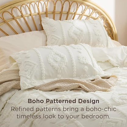 Bedsure Boho Tufted White Comforter Set Queen Size, GentleSoft™ 3 Pieces Boho Farmhouse Decor Bedding, Exquisite Shabby Chic Bedding for All Seasons, 1 Bed Comforter, 2 Pillow Shams, 90x90 Inches