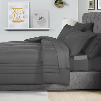 Queen Comforter Set Quilted Stripe Bedding Bundle – Comforter, Mattress Protector, Sheets with Pockets on the Side & Built-in Corner Strap – Fitted Sheet Media Pocket for Devices, Charcoal