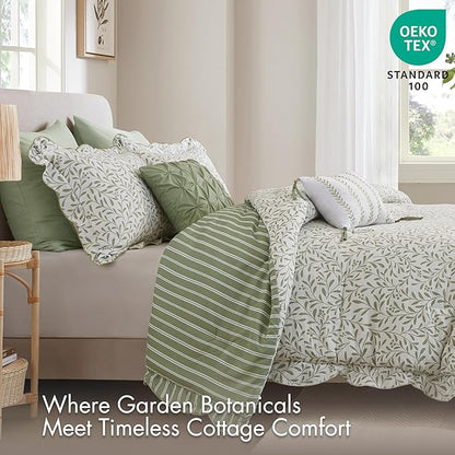 Madison Park 5-Piece Reversible Botanical Comforter Set - Summer Floral Print with Scalloped Edges, Lightweight Bedding with Decorative Pillows, King, Sage Green | Reversible, Lightweight