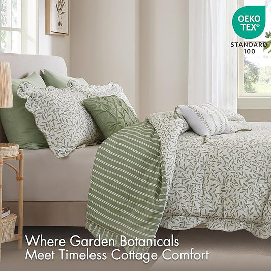 Madison Park 5-Piece Reversible Botanical Comforter Set - Summer Floral Print with Scalloped Edges, Lightweight Bedding with Decorative Pillows, King, Sage Green | Reversible, Lightweight