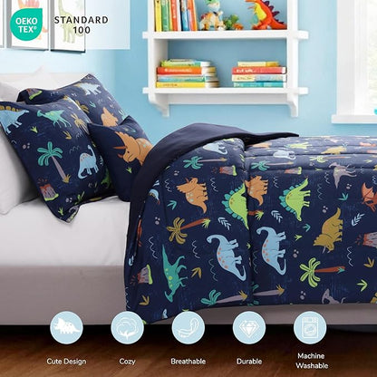 Kids Comforter Set Full Size for Boys, Navy Dinosaur Bedding Set 1 Comforter, 1 Decor Pillow, 2 Pillow Shams